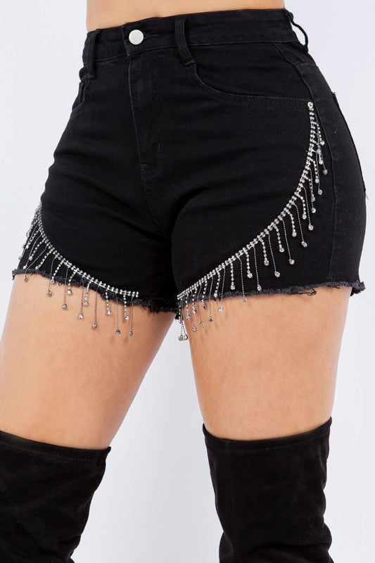 VAQUERO BLACK EMBELLISHED FRINGE SHORTS #T