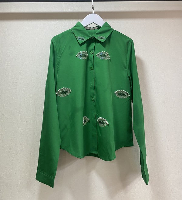 Eye Shape Rhinestone and Pearls Lashes Shirt #28