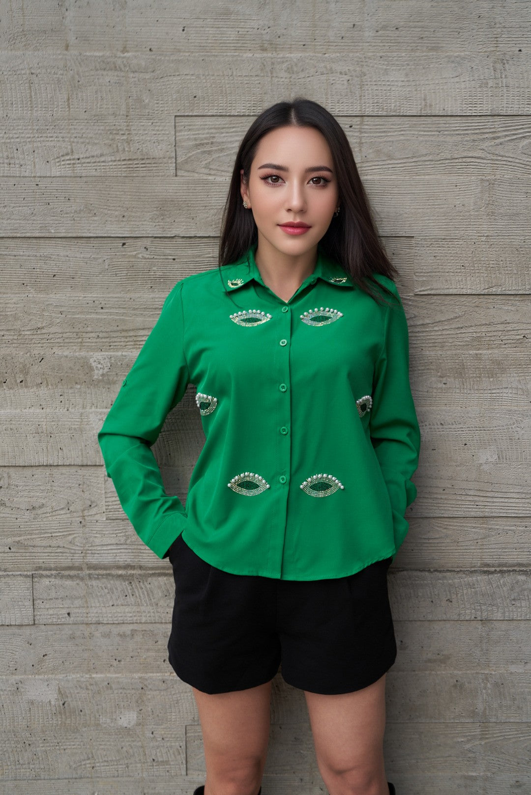 Eye Shape Rhinestone and Pearls Lashes Shirt #28