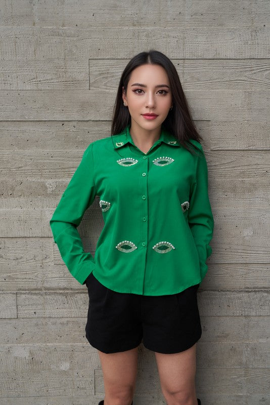 Eye Shape Rhinestone and Pearls Lashes Shirt #28