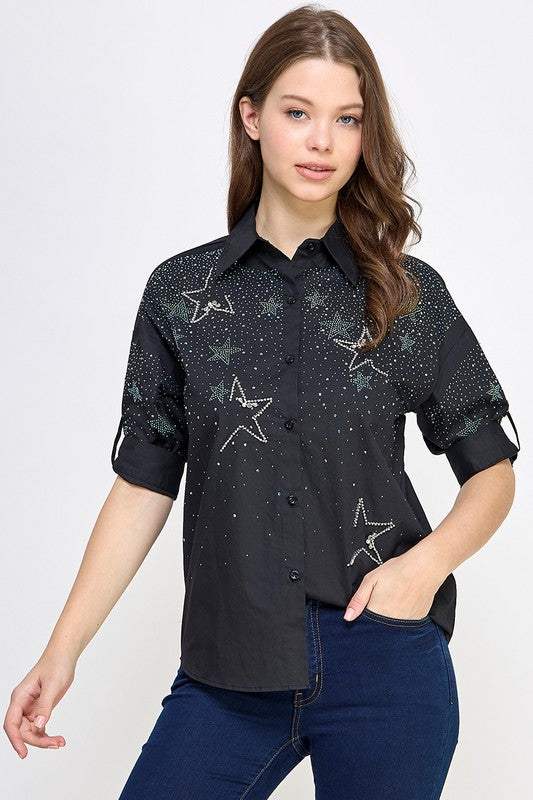 RHINESTONE DETAIL BUTTON DOWN SHIRT #A