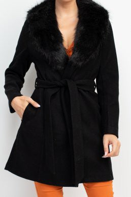 Brendaly Faux Fur Sash Belted Coat Black #A