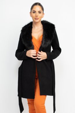 Brendaly Faux Fur Sash Belted Coat Black #A