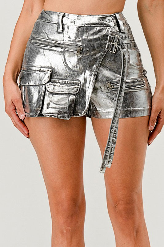 Metallic Cargo Stretchy Denim Shorts #T