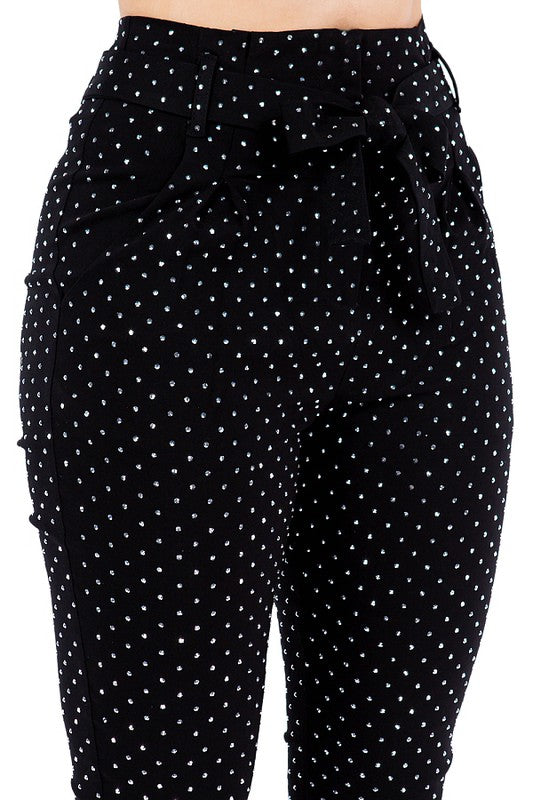 SASHA RHINESTONE BOW FRONT SKINNY PANTS #B