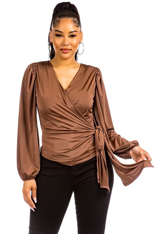 SOLID WRAP WAIST TIE BLOUSE #16