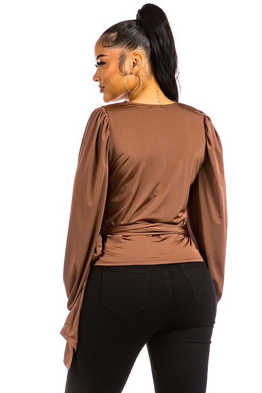 SOLID WRAP WAIST TIE BLOUSE #16