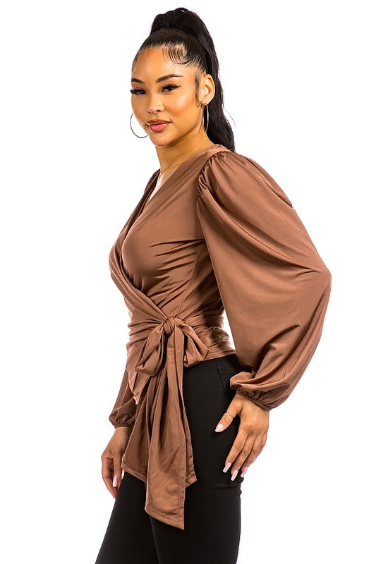 SOLID WRAP WAIST TIE BLOUSE #16