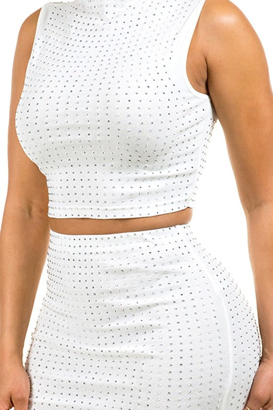 HIGH NECK CROP TOP WHITE./ Blusa Corta con Piedritas. #A