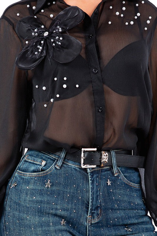 FLOWER & PEARL EMBELLISHED SHIRTS #D1
