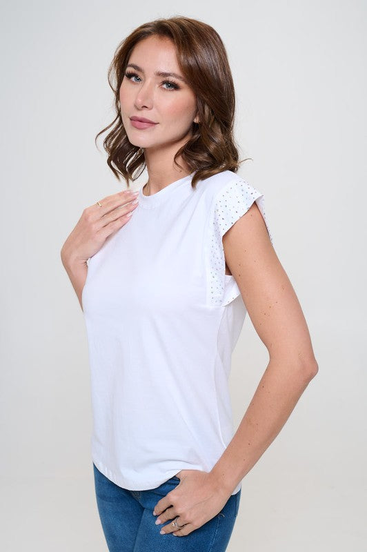 Cap Sleeve Rhinestone Graphic Top #16