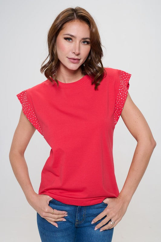 Cap Sleeve Rhinestone Graphic Top #16