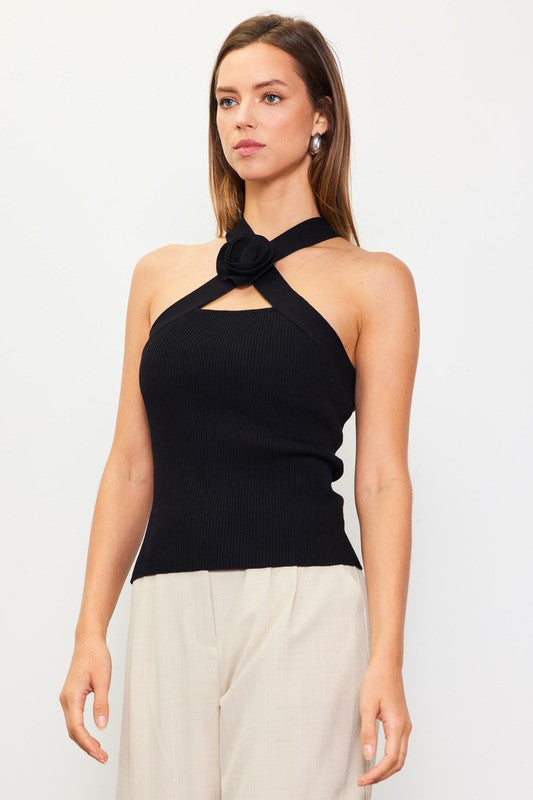 Violetta Rosette Knit Halter Blouse stretching #A