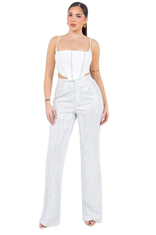 Carrys & RHINESTONE WIDE LEG PANTS White and Black #22
