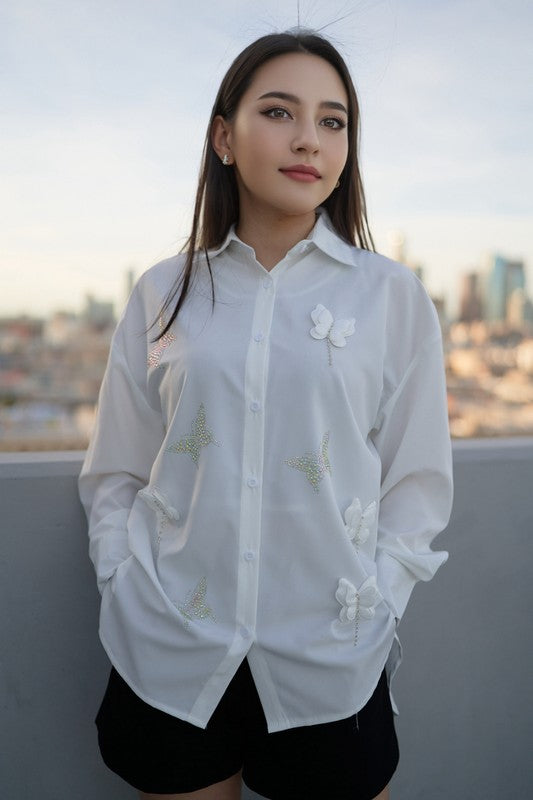 Butterfly Shape Rhinestones Embellished Shirt #D1