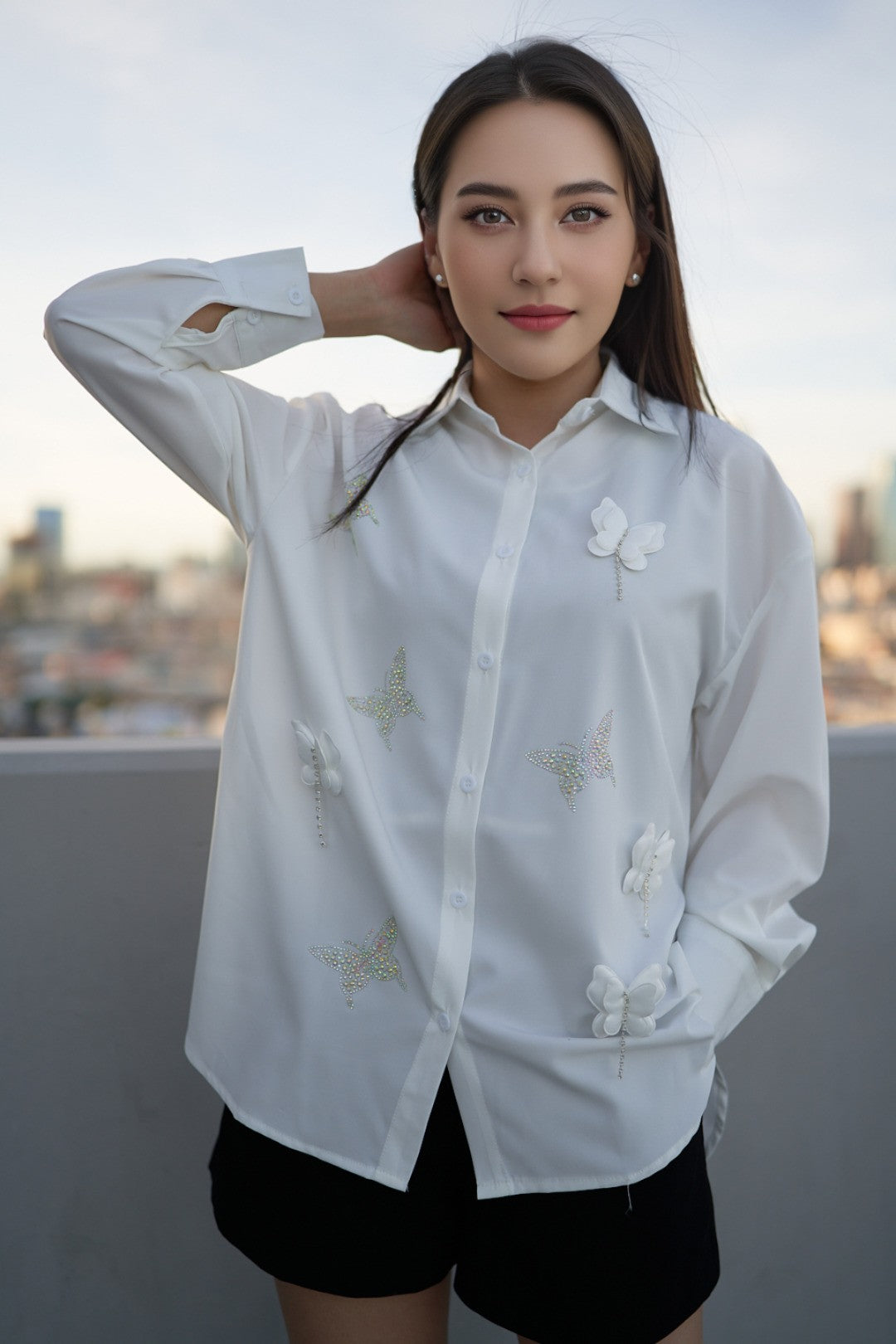 Butterfly Shape Rhinestones Embellished Shirt #D1