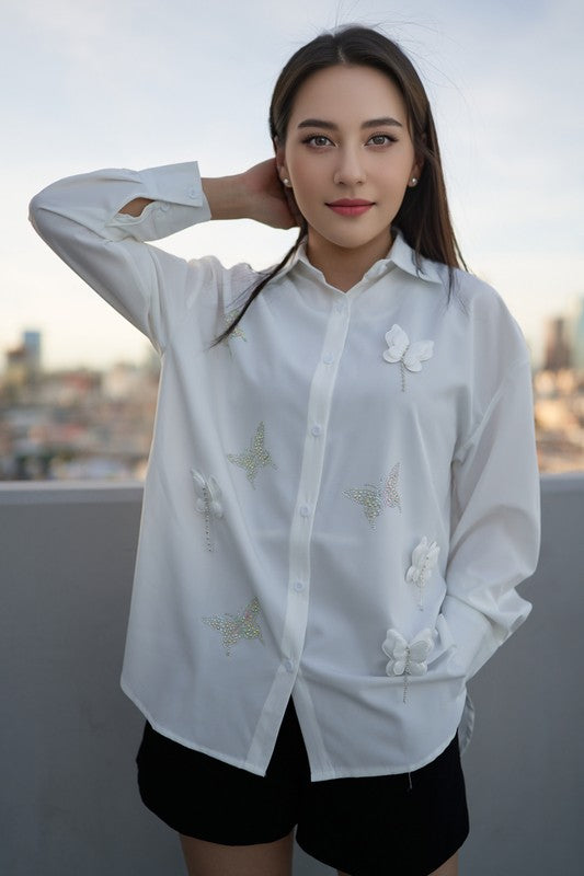 Butterfly Shape Rhinestones Embellished Shirt #D1