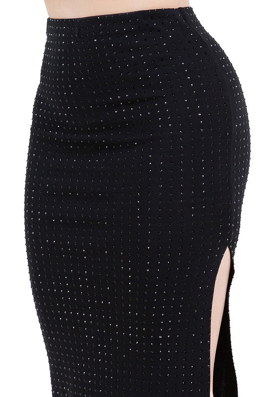 ANGI HIGH NECK CROP TOP RHINESTONE SLIT MIDI SKIRTS SET #A