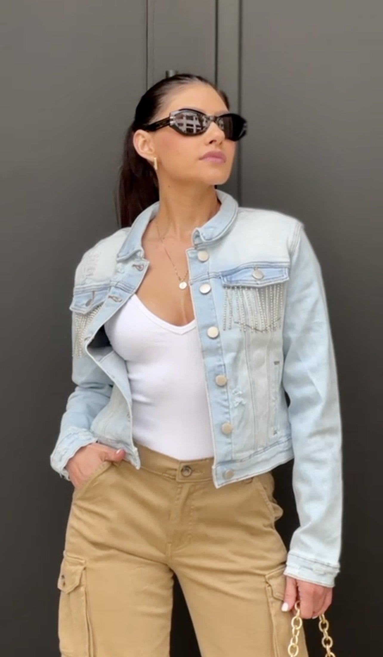 Denim Jacket with Jewel Accents #A