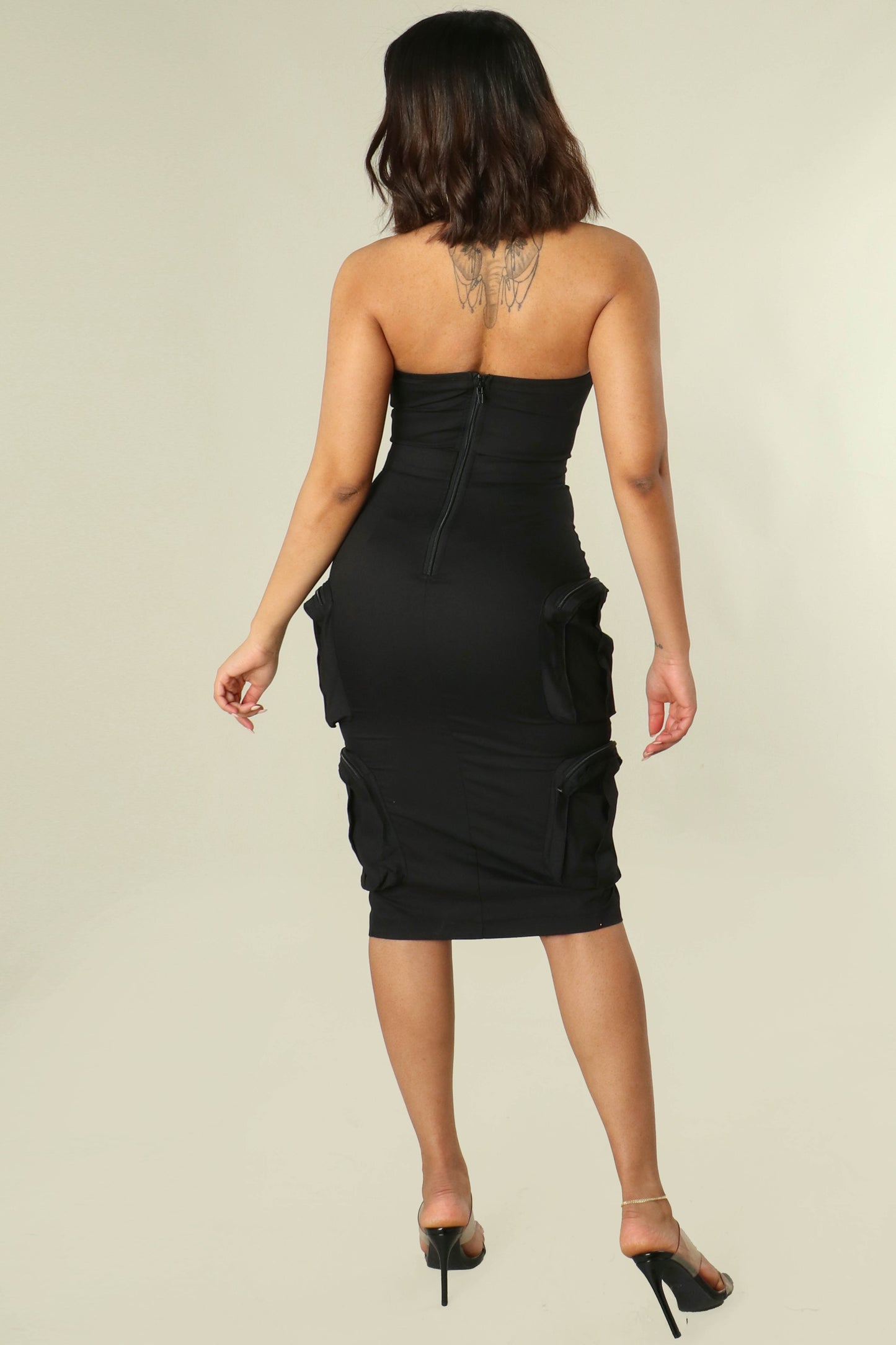 SABRINA STRAPLESS WOMEN BLACK CARGO DRESS.