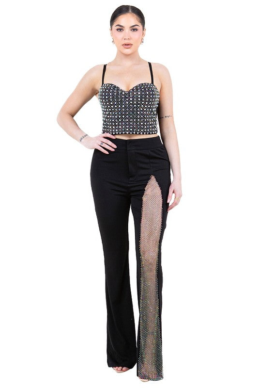 BRITANY PANTS RHINESTONE MESH BLACK #B