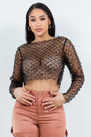 MESH CROP TOP SEQUINS/PEARLS BLACK BLOUSE . #T