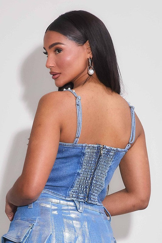 Perla CROP TOP Denim stretch #A