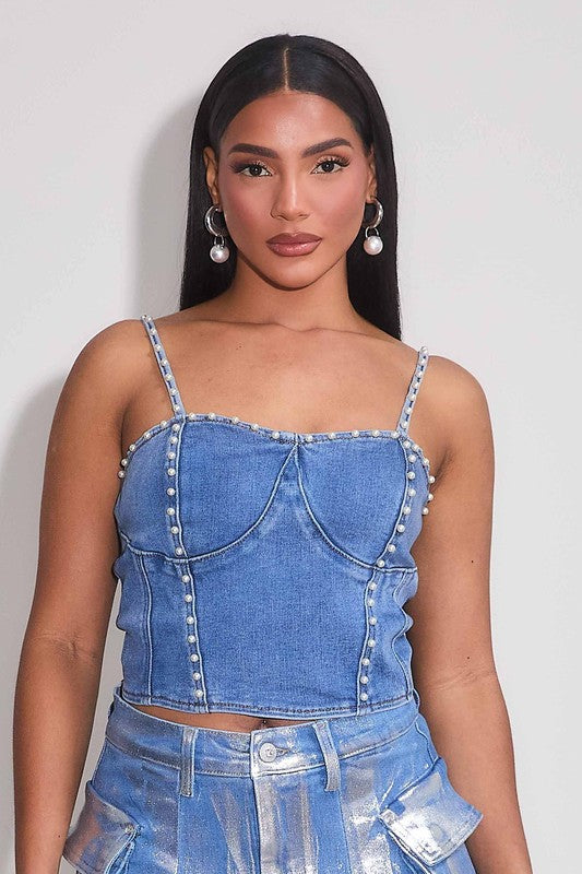 Perla CROP TOP Denim stretch #A