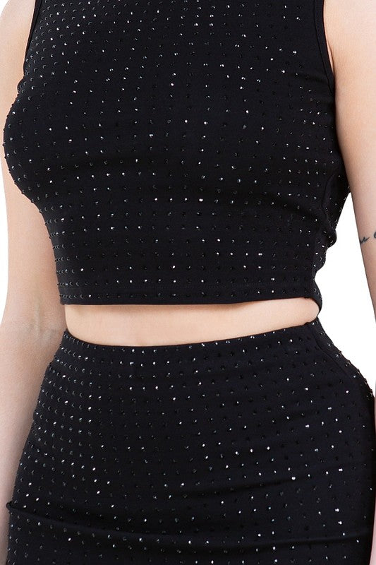 ANGI HIGH NECK CROP TOP RHINESTONE SLIT MIDI SKIRTS SET #A
