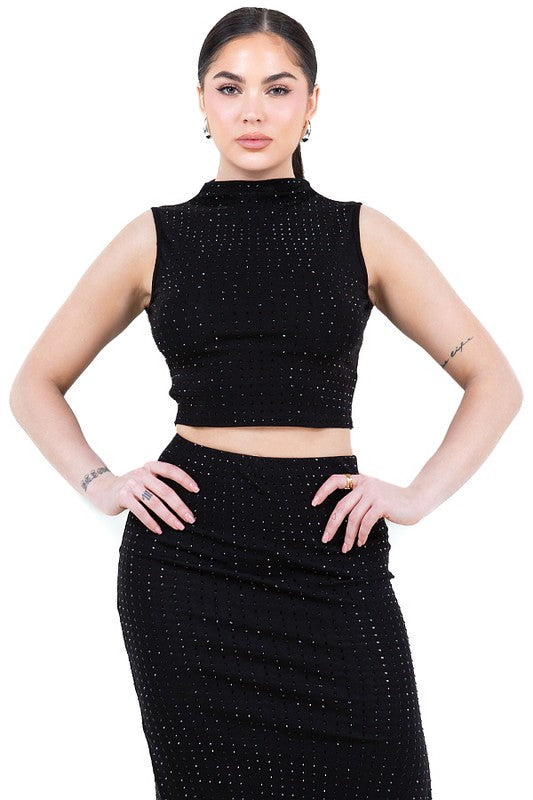 ANGI HIGH NECK CROP TOP RHINESTONE SLIT MIDI SKIRTS SET #A