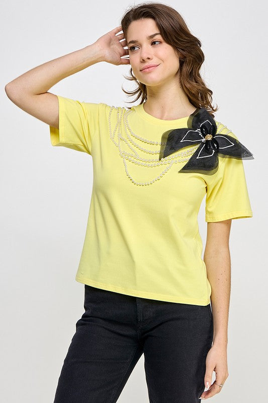PEARL N RIBBON DETAIL T SHIRT YELLOW #T