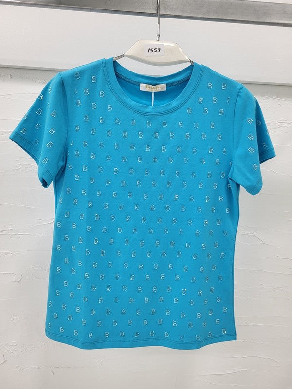 Blue B woman T-shirt full of letter B Rhinestone Top
