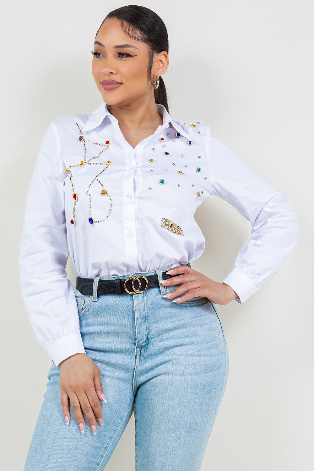 Embellished Poplin Colors detail Blouse #A