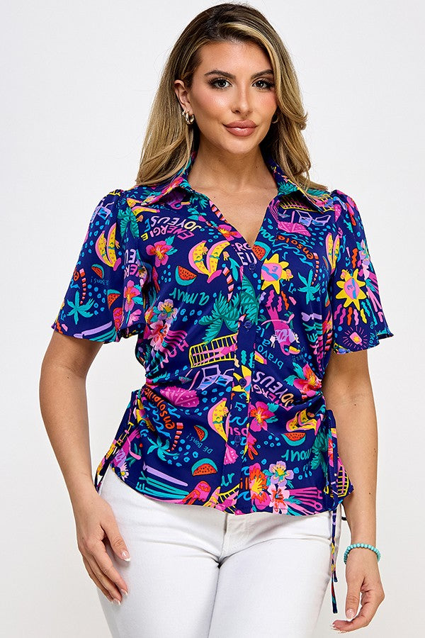 Tropical Navy Printed Flutter Sleeve Button Down Top #8
