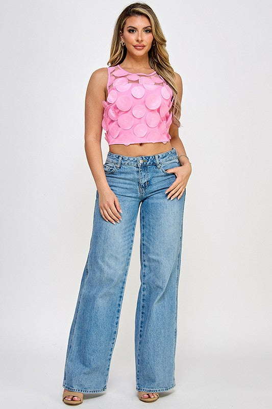 3D Pink Top Through circle Fabric woman Blouse