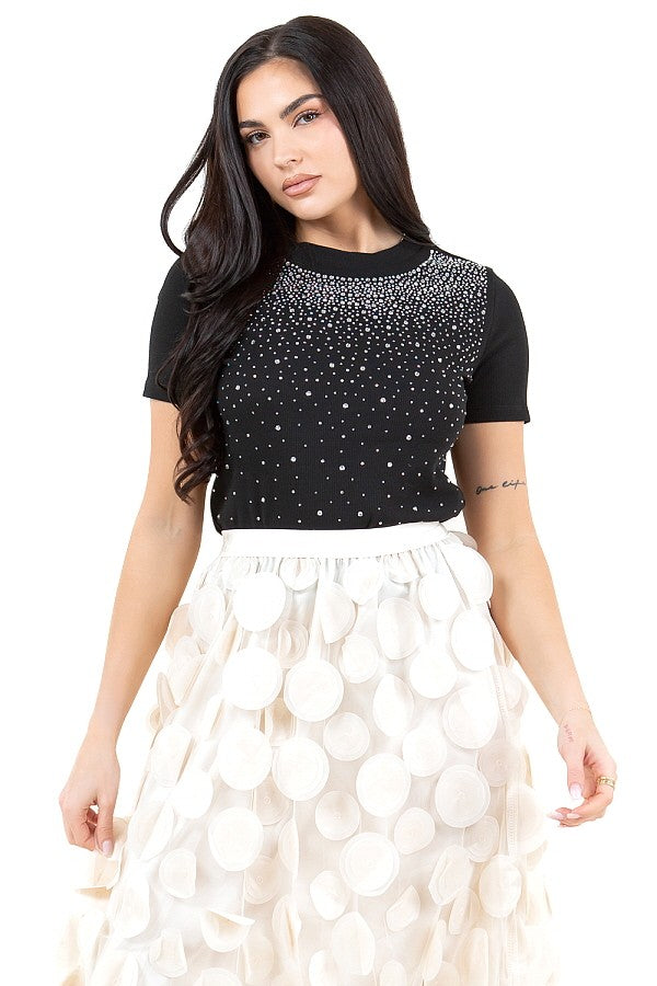 ESTELA T-SHIRT TEXTURED & RHINESTONE TOP #A