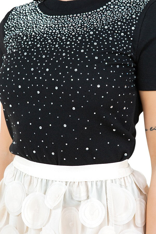ESTELA T-SHIRT TEXTURED & RHINESTONE TOP #A