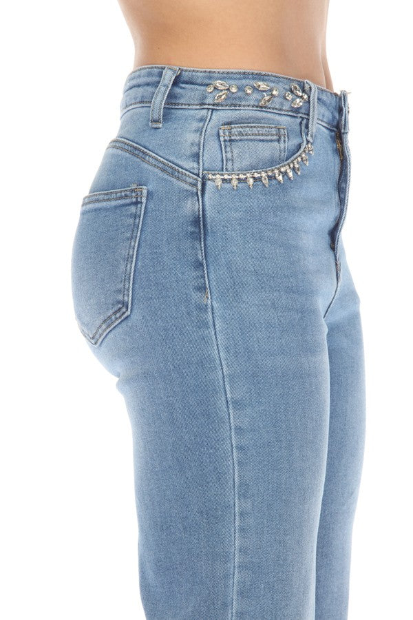 Sofia Stone Embellished straight cut Jeans #B