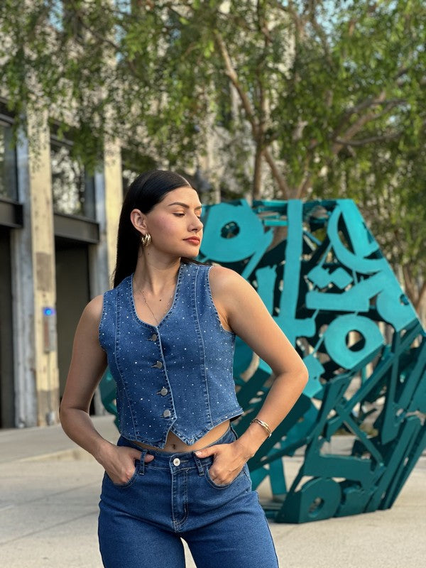 Denim women Vest stretching Solid Silver Rhinestone #T