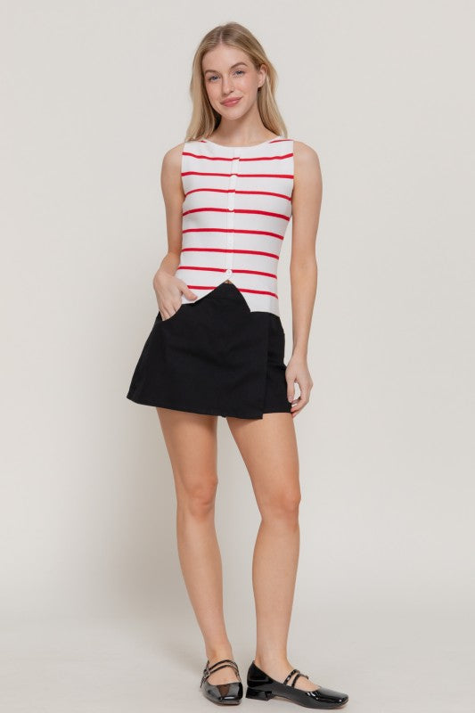 Red women Sleeveless Button Split Stripe white Top