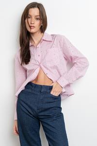 Rita Rhinestone shirt LIGHT PINK STRIPED Woman Blouse #T