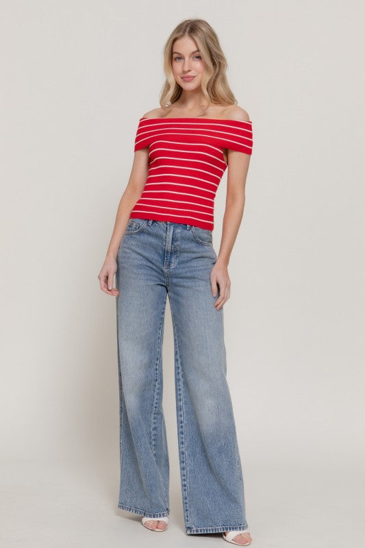 America Off The Shoulder Red Blouse Stripe Spring Top