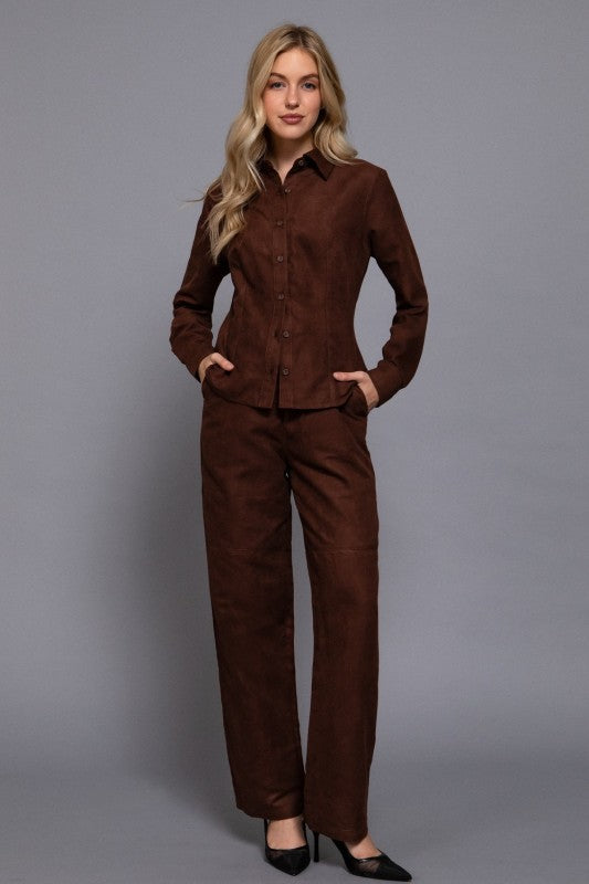 Faux Suede Straight Leg Woven Pants Brown