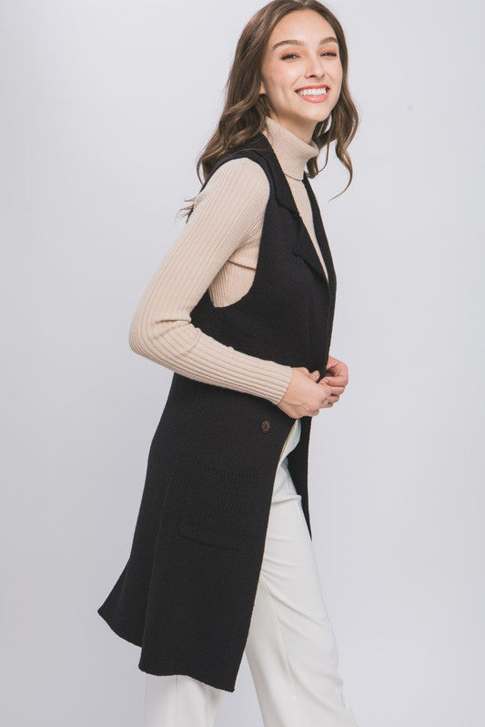 Micaela Sleeveless Long Cardigan Vest Coat Black #T
