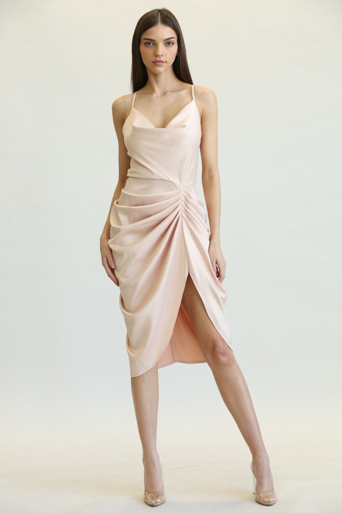 Ross Satin Beige Draped Midi Dress #F