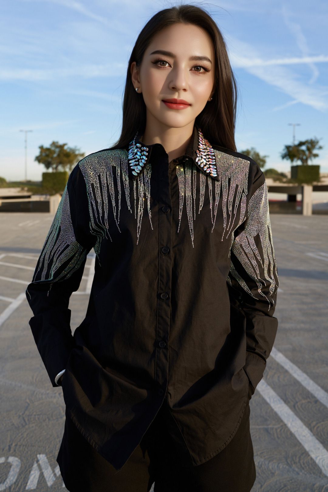Black country shiny rhinestones Long-sleeved #A