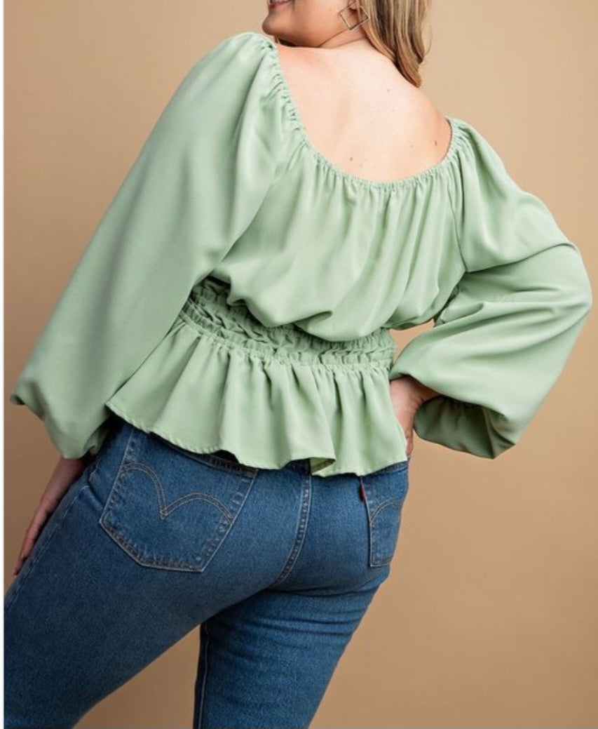 Blouse Bubble Sleeve and Elastic Waist,Blusa #T