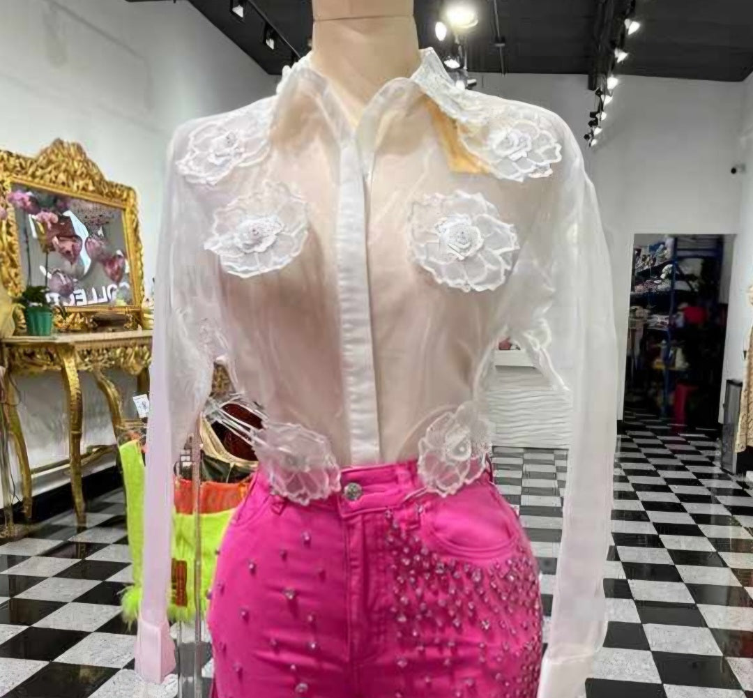 Margarita Blouse white flower lace #A