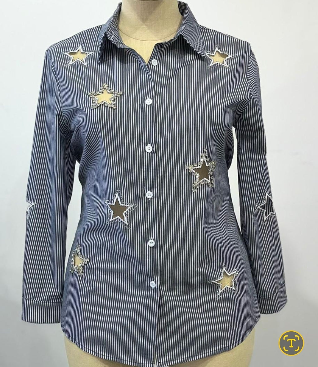 Navy Stars Long-sleeved blouse rhinestone Plus #T