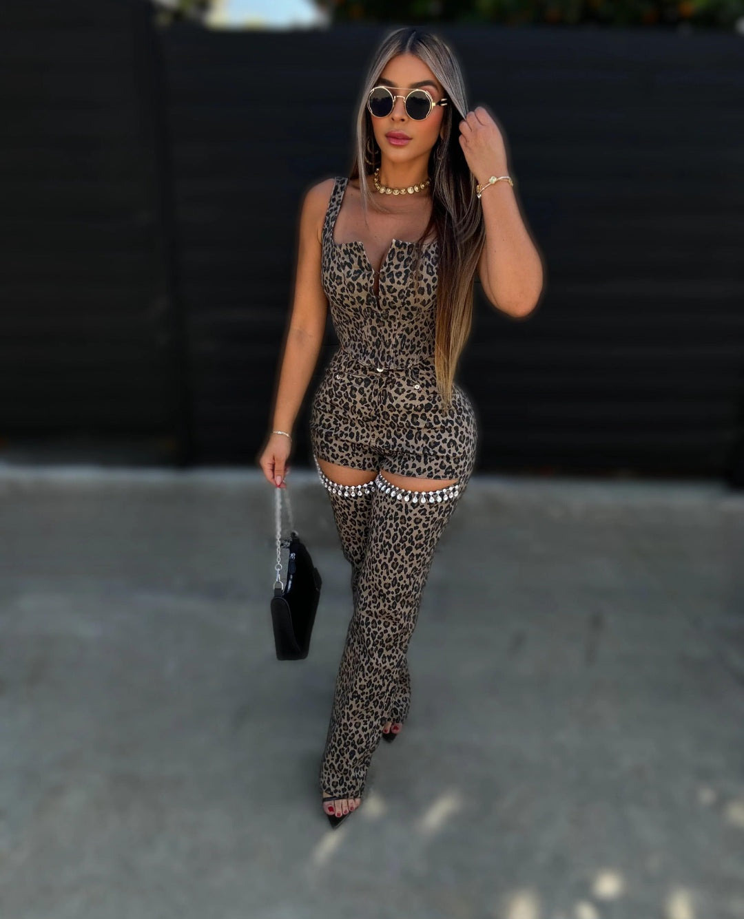 Daniel Animal Print brown Denim Set #T